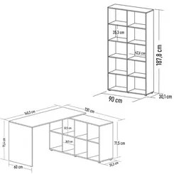 Mesa Escrivaninha em L Eron e Estante Livreiro 90x187cm Lean A06 Ipê/P