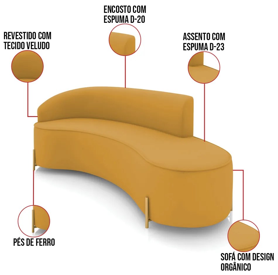 Sofá 4 Lugares Orgânico 220cm Pé Dourado Morgan Veludo D03 - D'Rossi - Mostarda
