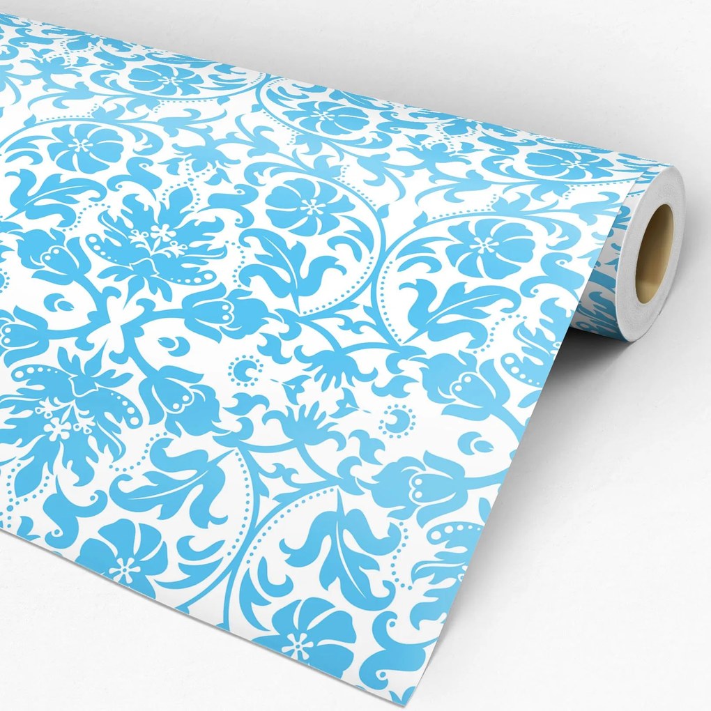 Papel de parede adesivo arabesco azul e branco