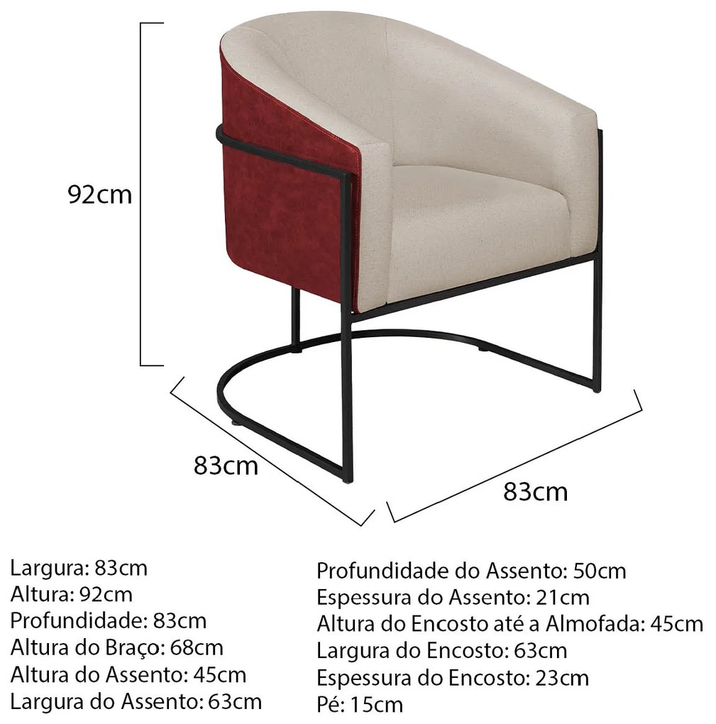 Poltrona Luiza Base de Ferro Preto Factor Vermelho e Linho - ADJ Decor