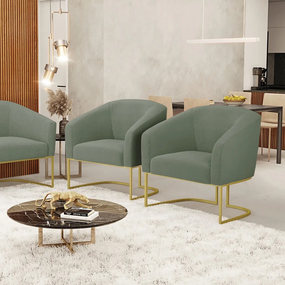 Poltrona Decorativa Industrial Dourado kit 2 Stella Bouclê D03 - D'Rossi - Verde Pistache