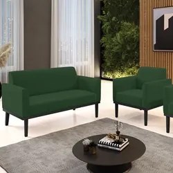 Sofá Namoradeira e 1 Poltrona Base Madeira Preto Maressa Veludo Verde