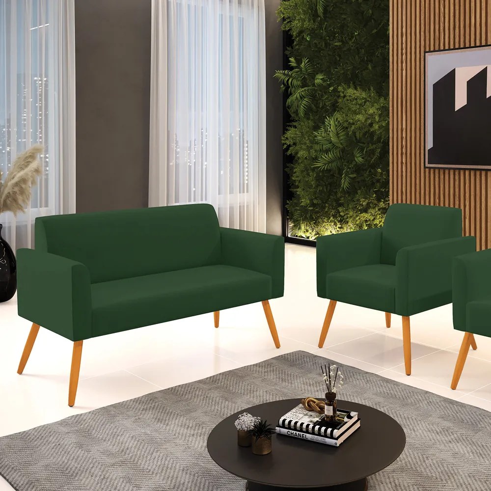 Sofá Namoradeira com Poltrona Pés Palito Castanho Marisa Veludo D03 - DRossi - Verde