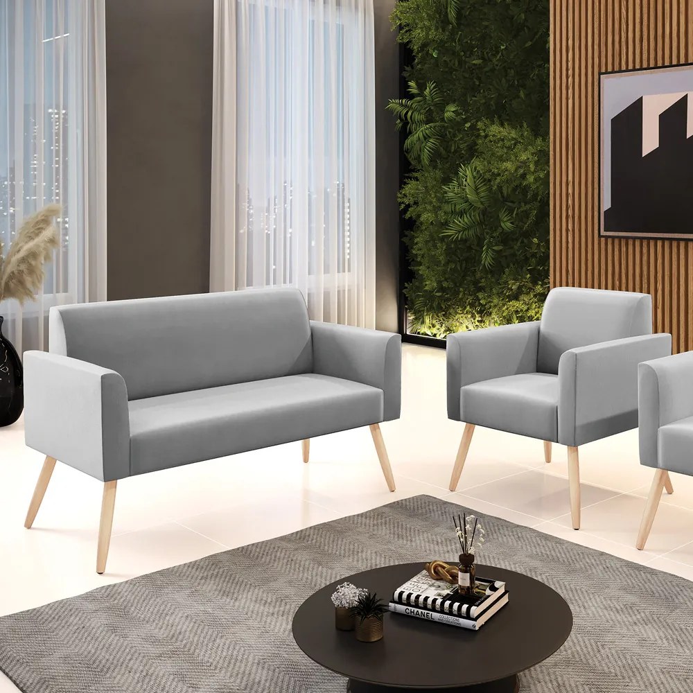 Sofá Namoradeira com Poltrona Pés Palito Natural Marisa Suede Cinza D03 - D'Rossi