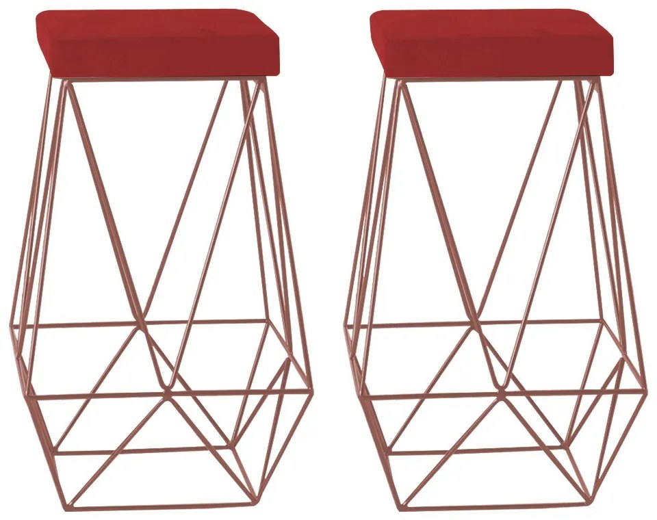 Kit 2 Banqueta Decorativa Kathy Base Bronze Suede Vermelho G41 - Gran Belo