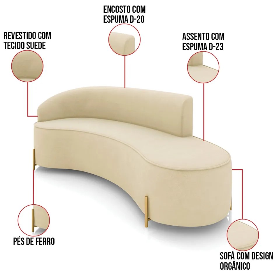 Sofá 4 Lugares Orgânico 220cm Pé Dourado Morgan Suede D03 - D'Rossi - Bege