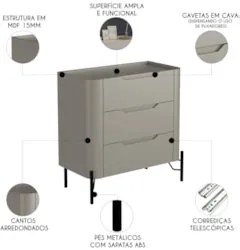 Mesa Cabeceira Quarto 68cm 3 Gavetas Blen Grigio/Preto I06 - Mpozenato