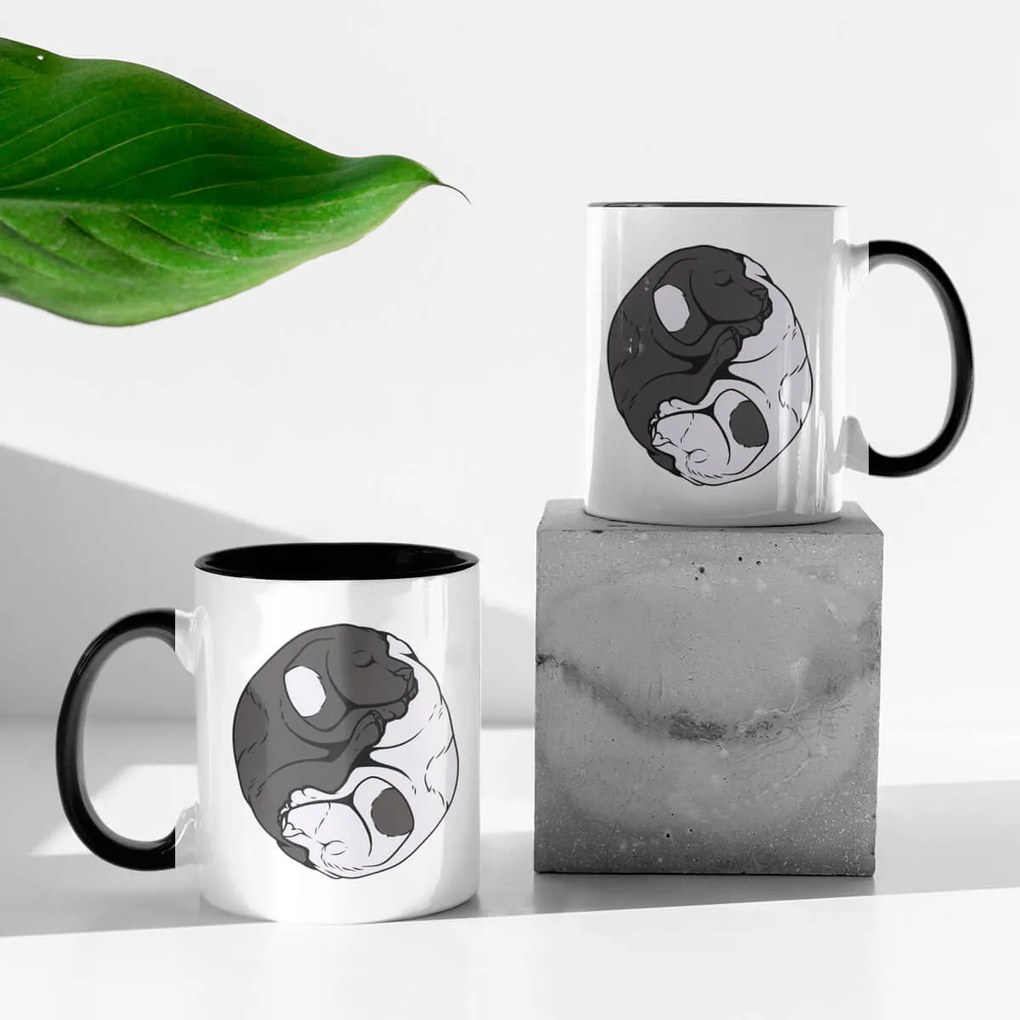 Caneca Cachorros Yin Yang Branca com Alça Preta