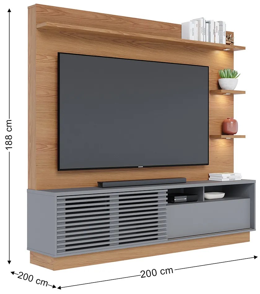 Estante de TV 70 Polegadas 200cm com Led Lidia C04 - D'Rossi - Freijó e Cinza Fosco