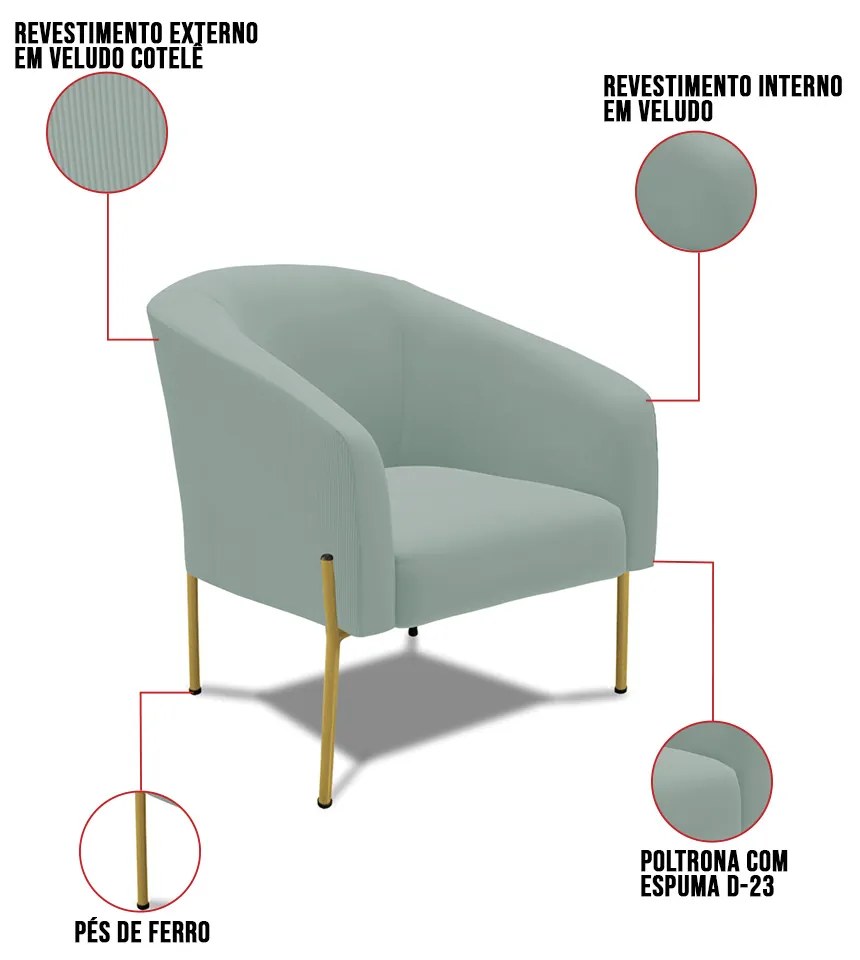 Poltrona Decorativa Pé de Ferro Dourado Stella Cotelê Ext/Veludo D03 - D'Rossi - Menta