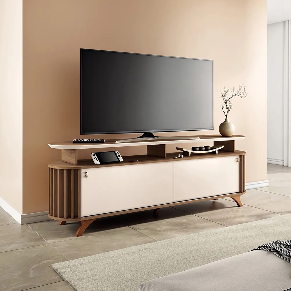Rack para Sala Bancada de TV 70 Pol 181,5cm Riley H01 - D'Rossi - Castanho e Off White