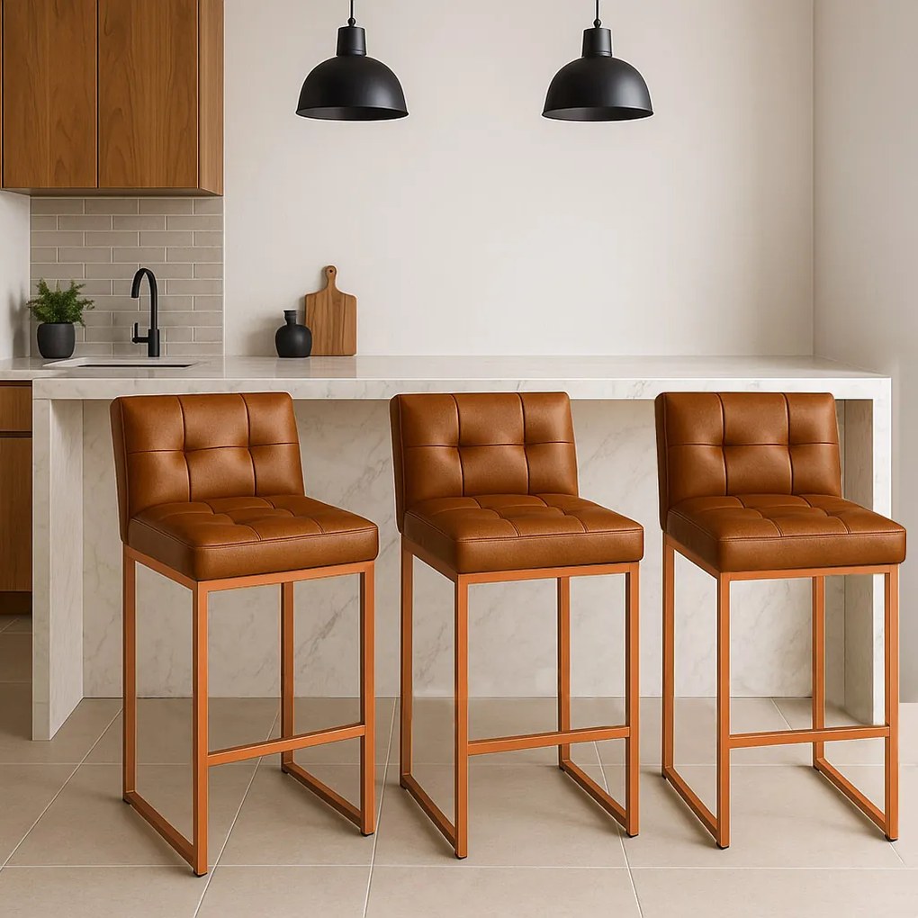 Banqueta Cozinha Alta com Encosto Industrial Kit 3 Bronze Lirina PU Whisky C05 - D'Rossi