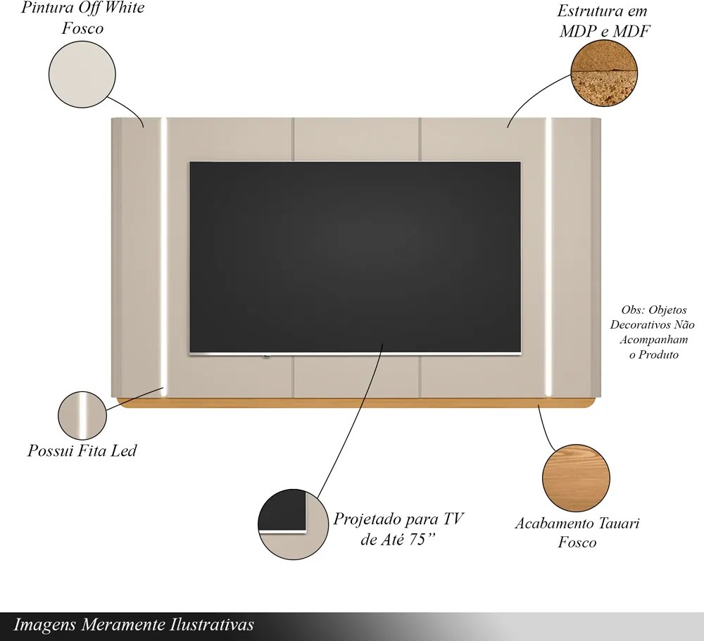 Painel Decorativo Switch MDP/MDF TV até 75 Polegadas com Fita LED Tauari/Off White G77 - Gran Belo