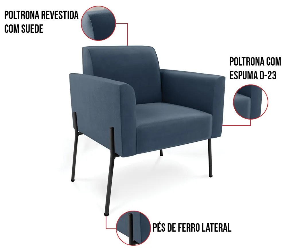 Poltrona Pé de Ferro Preto para Sala Marisa Suede D03 - D'Rossi - Azul Marinho