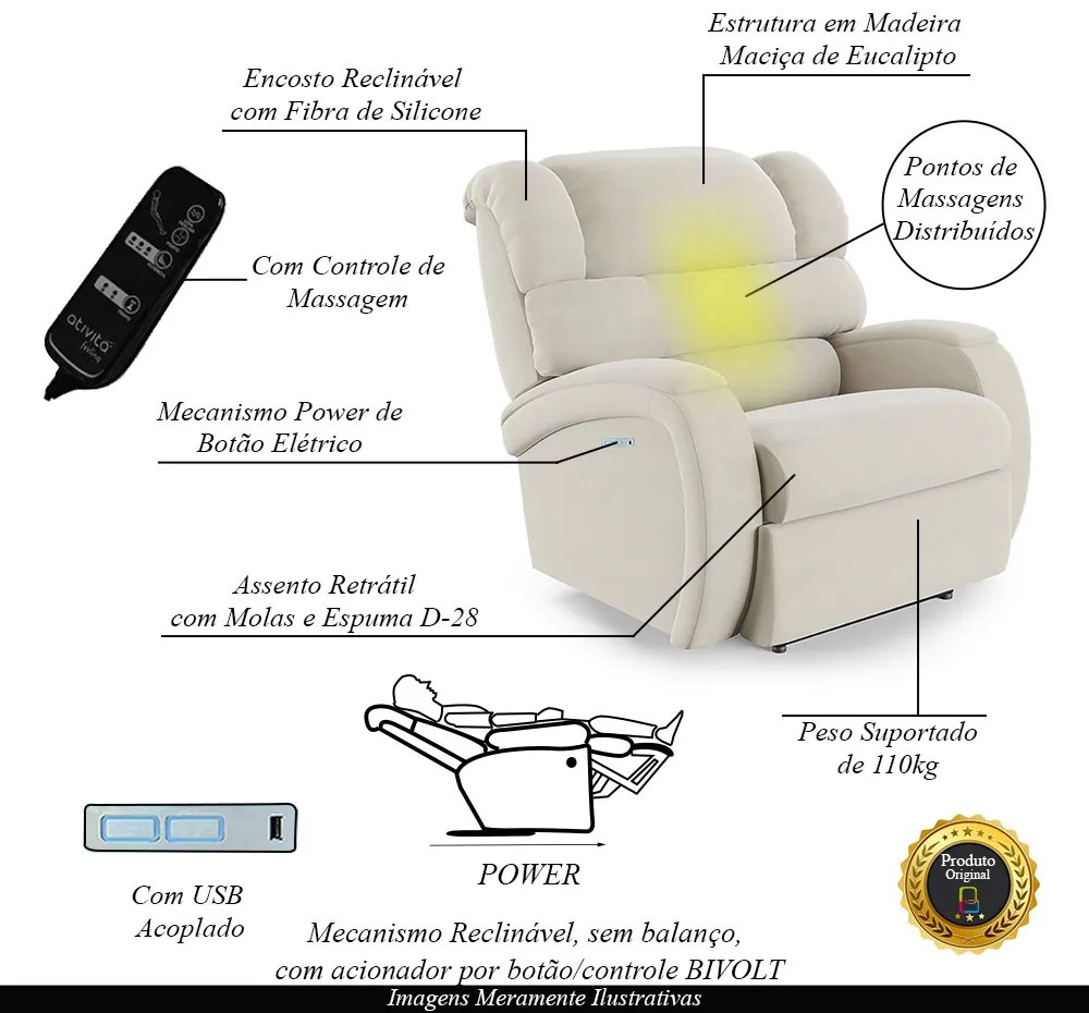 Poltrona do Papai Sala de Cinema Reclinável Kylie Elétrica Botão com Led Massagem USB Veludo Bege G23