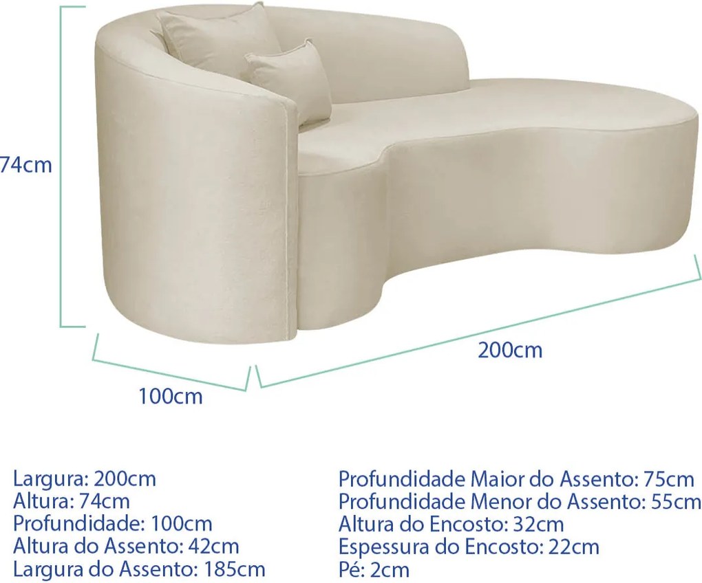 Kit Recamier Curvo Sala de Estar Inglaterra 200cm Lado Direito e 2 Poltronas Orgânica Luxo Amore Bouclé