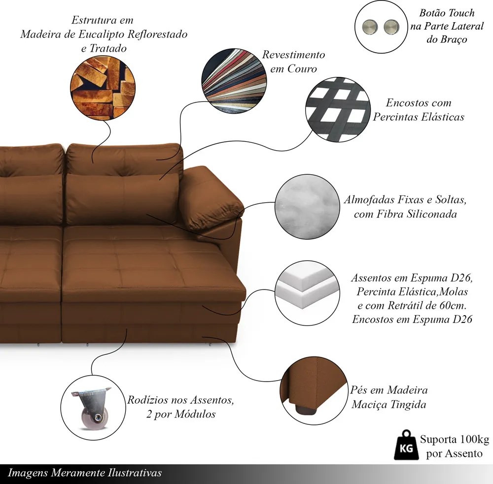 Sofá Retrátil Elétrico Sala de Estar Nolan Bipartido 414cm Conforto Premium em Couro Caramelo G58 - Gran Belo
