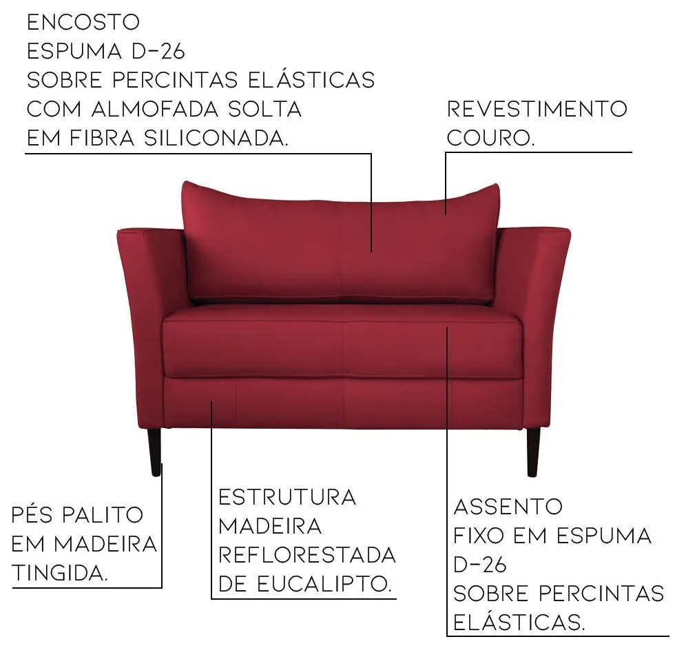 Sofá 2 Lugares Decorativo Sala de Estar 120cm Pés Palito Lubbock Couro Vermelho G58 - Gran Belo