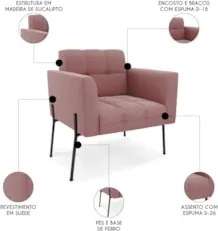 Poltrona Para Sala Pé Metal Preto Kit 2 Ana Suede Rosê - Ibiza