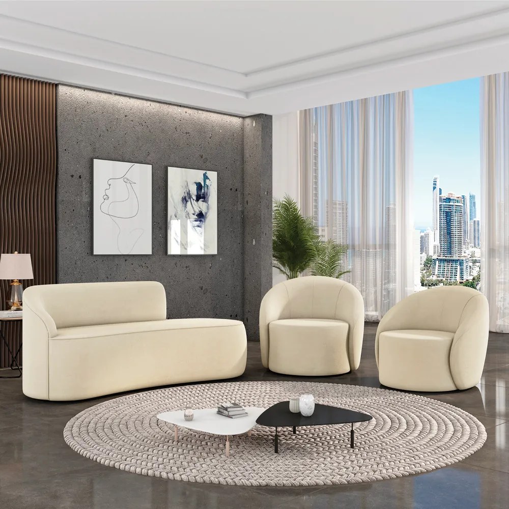 Sofá 2 Lugares Orgânico 140cm Morgan e 2 Poltronas Lua Suede Bege D03 - D'Rossi