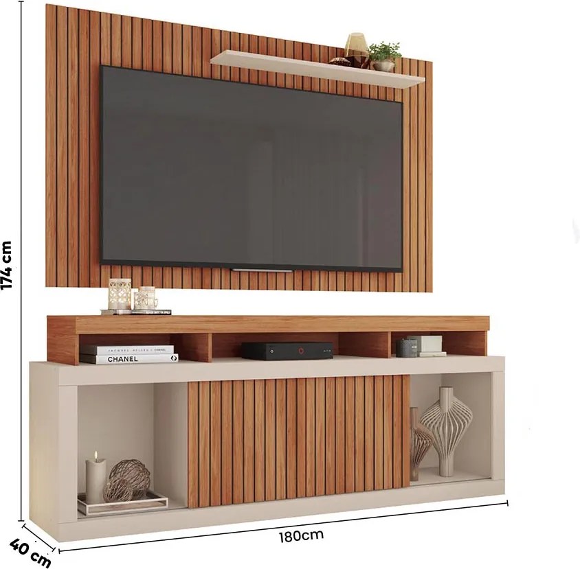 Painel TV 60 Pol 180cm e Bancada com Rodízio Sala Navel Freijó/Off White C01 - D'Rossi