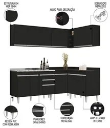 Armário de Cozinha Modulado de Canto 6 Peças CP30 com Pia Inox Preto -