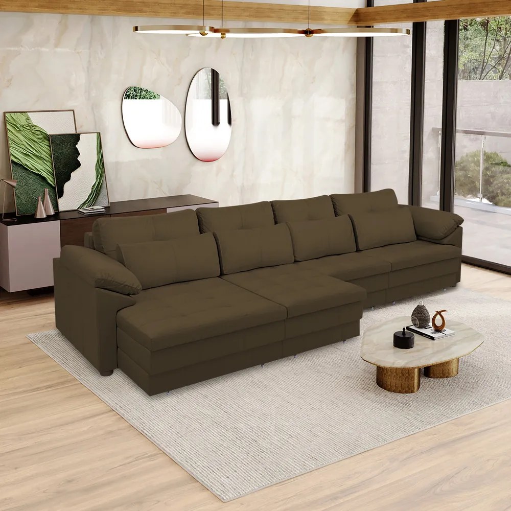 Sofá Retrátil Manual Sala de Estar Nolan Bipartido 339cm Conforto Premium em Couro Cappuccino G58 - Gran Belo