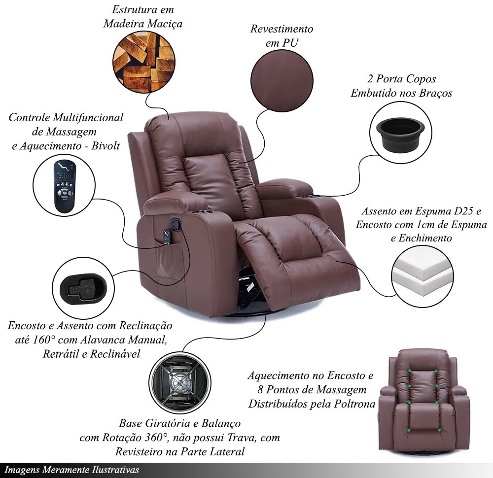 Cadeira com Massagem Poltrona do Papai Giratória Reclinável Manual Austin Aquecimento PU Marrom Chocolate G94 - Gran Belo