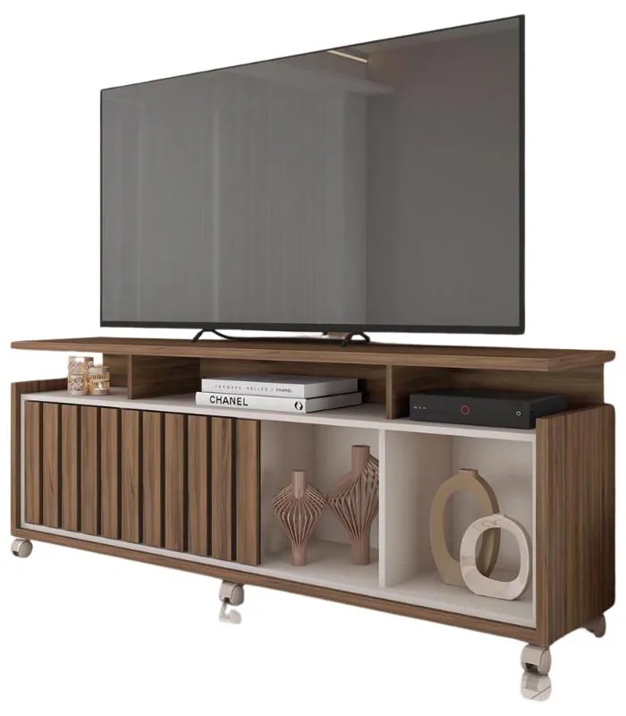 Rack TV 70 Pol 160cm Bancada com Rodízio Sala Thaissa C01 - D'Rossi - Nogueira/Off White