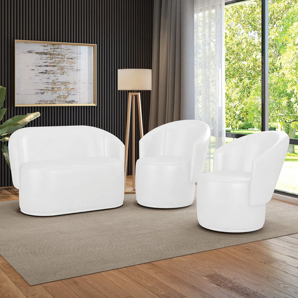 Sofá Namoradeira e 2 Poltronas Orgânica para Sala Malu Sintético PU M11 - D'Rossi - Branco