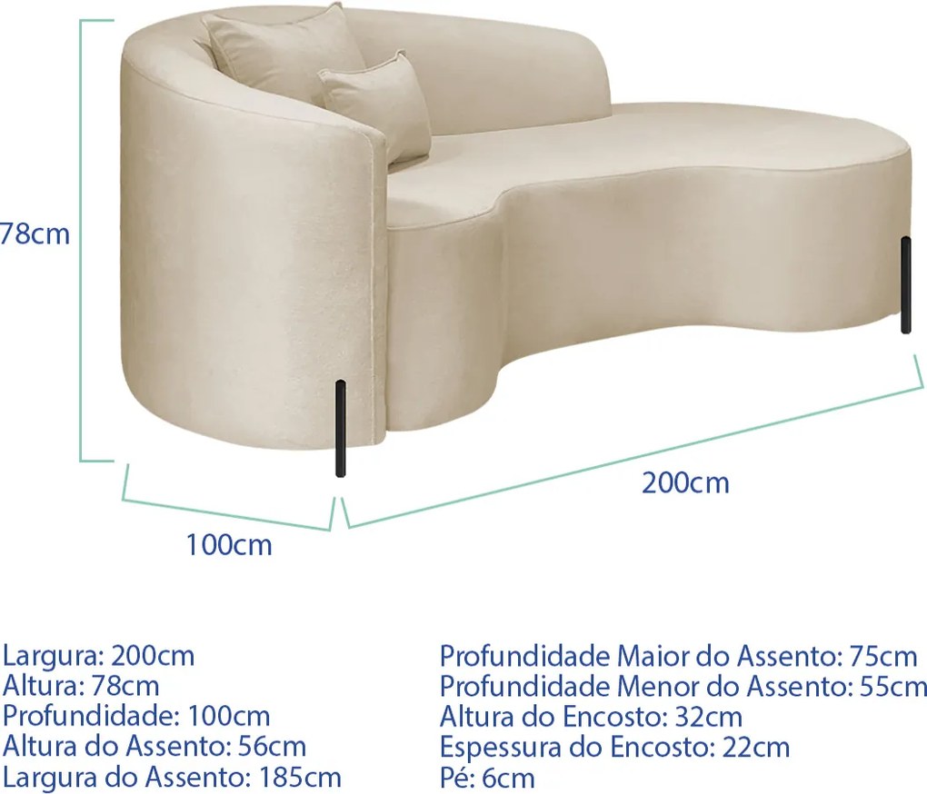 Divã Recamier Curvo Sala de Estar Recepção Inglaterra 200cm Pés Metal Preto Lado Direito Bouclé