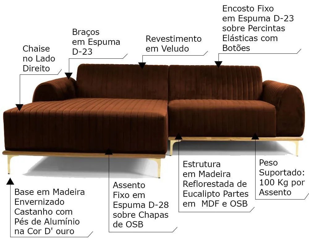 Sofá 3 Lugares Bipartido com Chaise Lado Direito Base de Madeira Euro 230 cm Veludo Telha G15 - Gran Belo