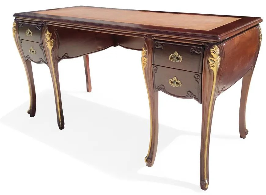 Escrivaninha Clássica Tampo Couro Natural Madeira Maciça Design de Luxo Peça Artesanal
