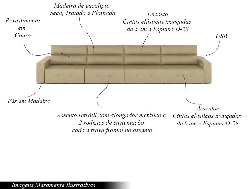 Sofá Retrátil 6 Lugares 444cm 4 Módulos Nero com USB Couro Bege G52 - Gran Belo