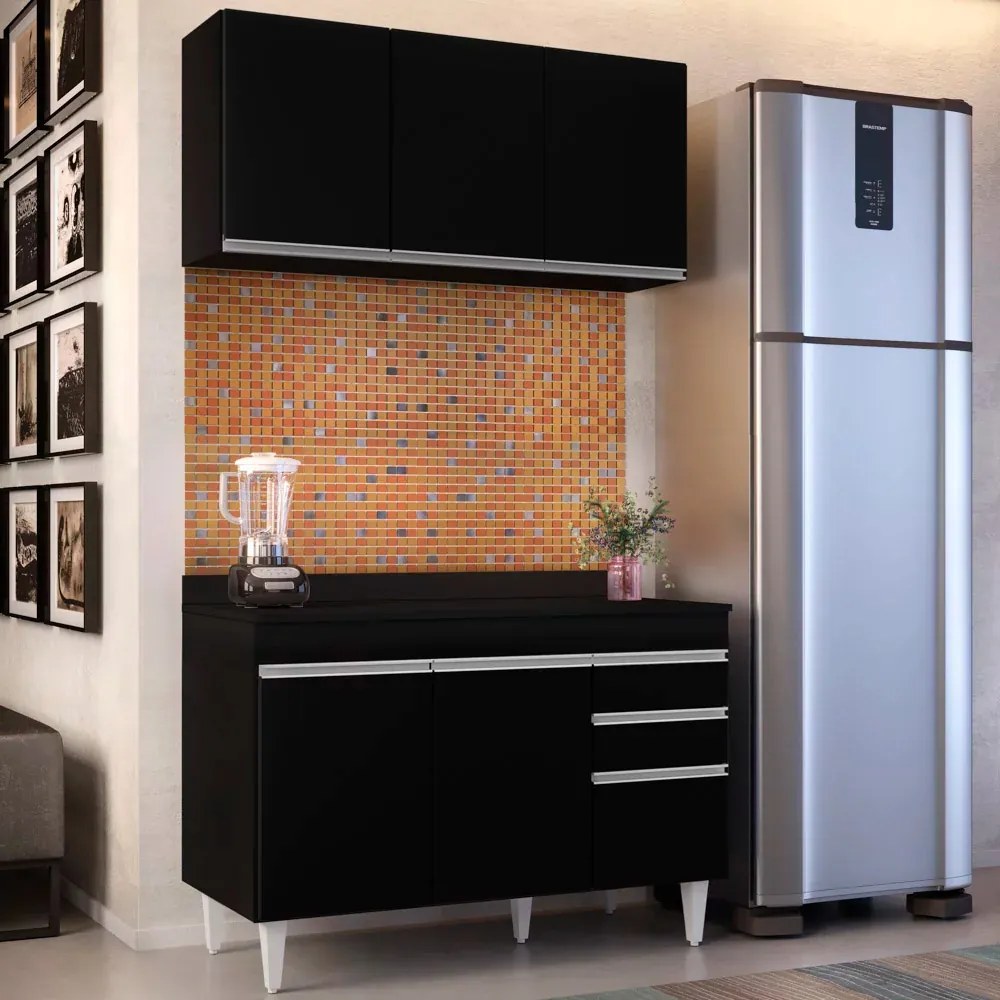 Kit Armário Aéreo e Balcão de Cozinha Lavanderia Dora com Tampo 120 cm - D'Rossi - Preto
