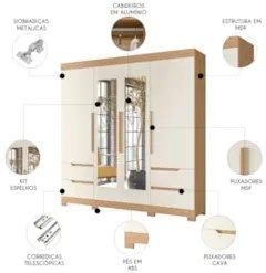 Guarda Roupa Casal 212cm com Espelho Vivacce Off/Freijó - Albatroz