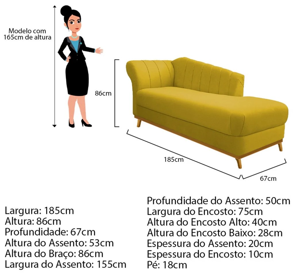 Recamier Vanessa 185cm Lado Direito Suede Amarelo - ADJ Decor