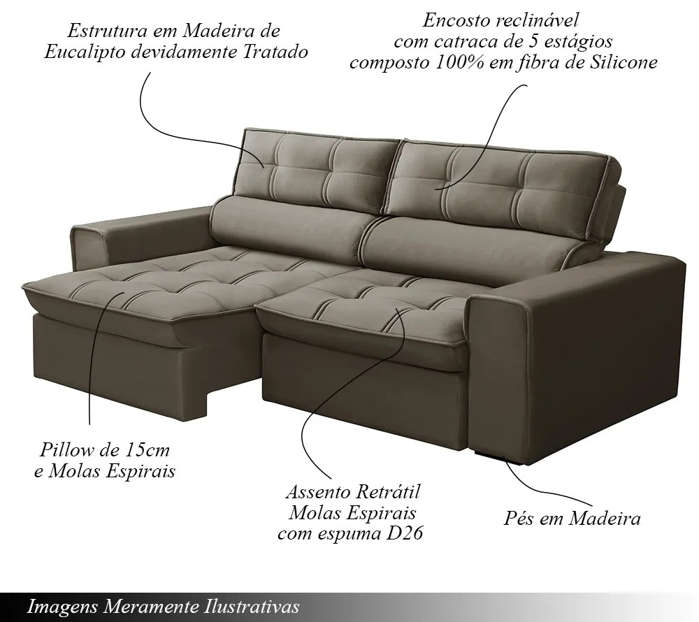 Sofá Retrátil e Reclinável 3 Lugares 220cm Welton Veludo Castor G22 - Gran Belo