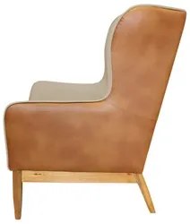 Poltrona Decorativa Base Madeira Milena e Puff Viseo C-129  Linho Bege