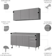 Armário Cozinha e Balcão Para Pia 150cm Marrocos Cinza      - Lumil
