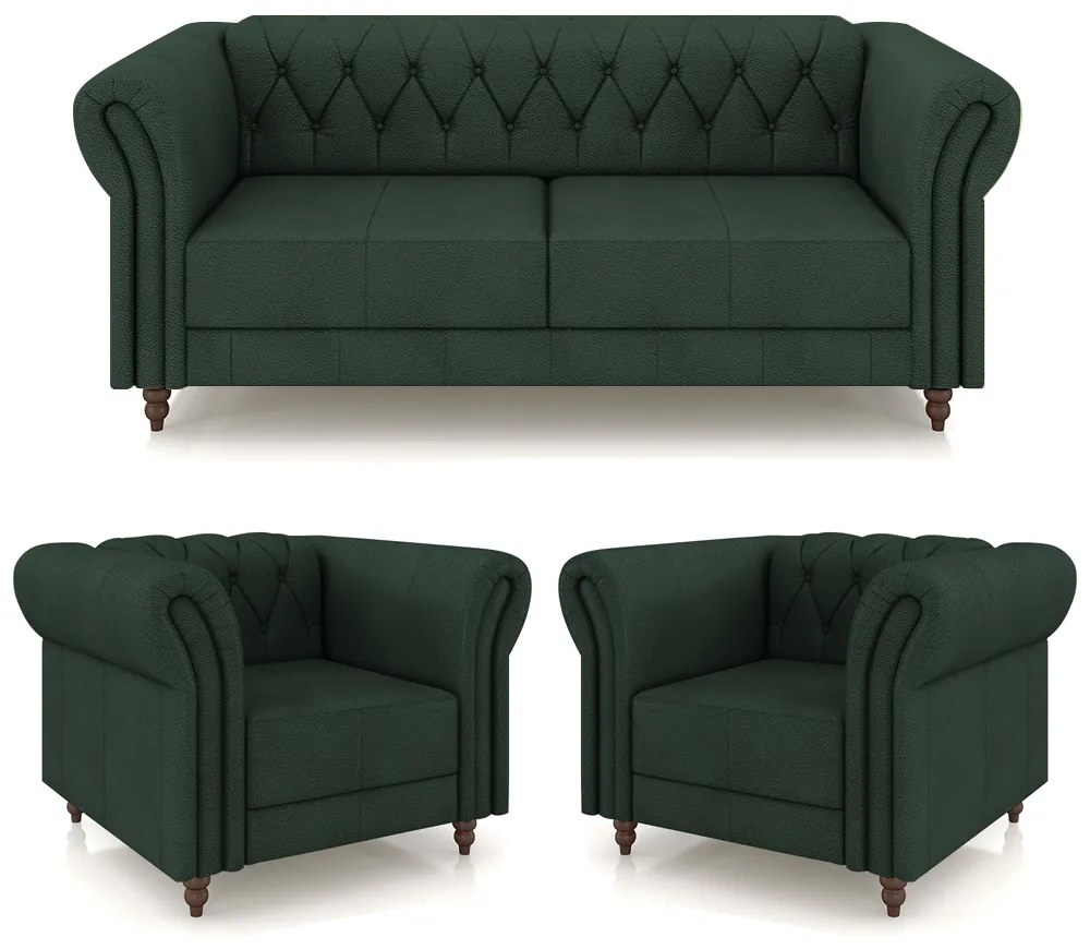 Conjunto Sala de Estar 1 Sofá Living 180cm e 2 Poltronas Stanford Chesterfield Pés Madeira Couro Verde G58 - Gran Belo