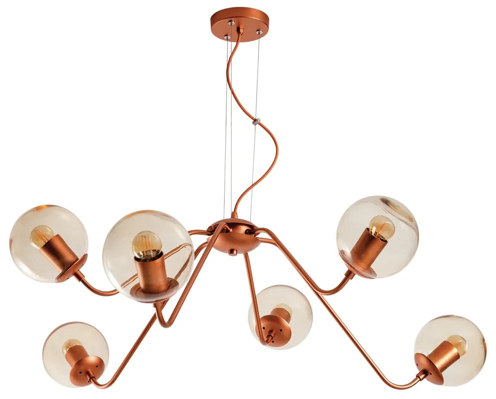 Pendente Carrossel Ø86X29Cm 6Xg9 / Metal E Globo Ø12Cm | Usina 16765/6 (AZO-F / CB-V - Azul Oceano Fosco / Cobre Escovado, CLEAR)