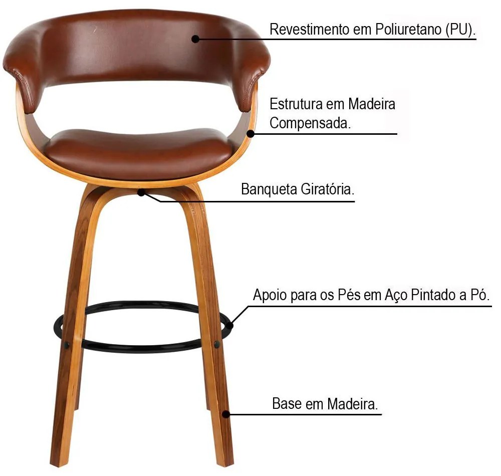 Kit 03 Banquetas para Cozinha Giratória Brenna Base Madeira PU Sintético Marrom G56 - Gran Belo