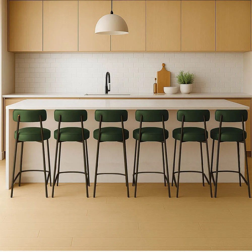Banqueta Cozinha Alta com Encosto Industrial Preto Kit 6 Londres PU D03 - D'Rossi - Verde