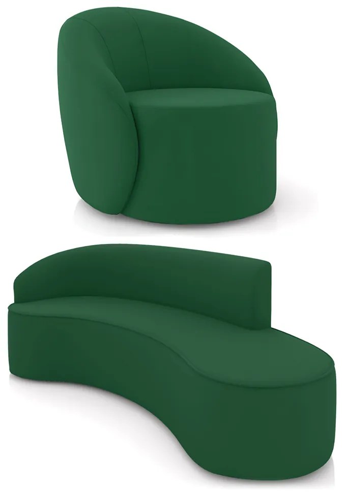 Sofá 4 Lugares Orgânico 220cm Morgan e Poltrona Lua Veludo Verde D03 - D'Rossi