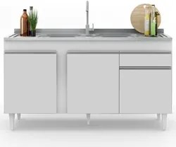 Balcão Gabinete com Pia Inox 150cm 3 Portas 1 Gaveta Dakota Branco - L