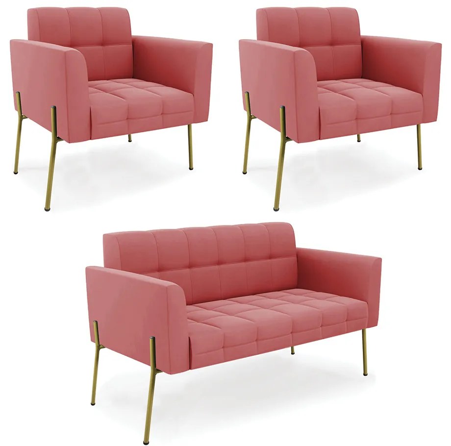 Sofá Namoradeira e 2 Poltronas Pé de Ferro Dourado Elisa Suede D03 - D'Rossi - Rose