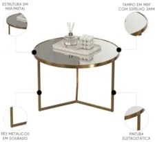 Mesa de Centro Redonda Alta Pé Metal Thor Espelho/Dourado E05 - Mpozen