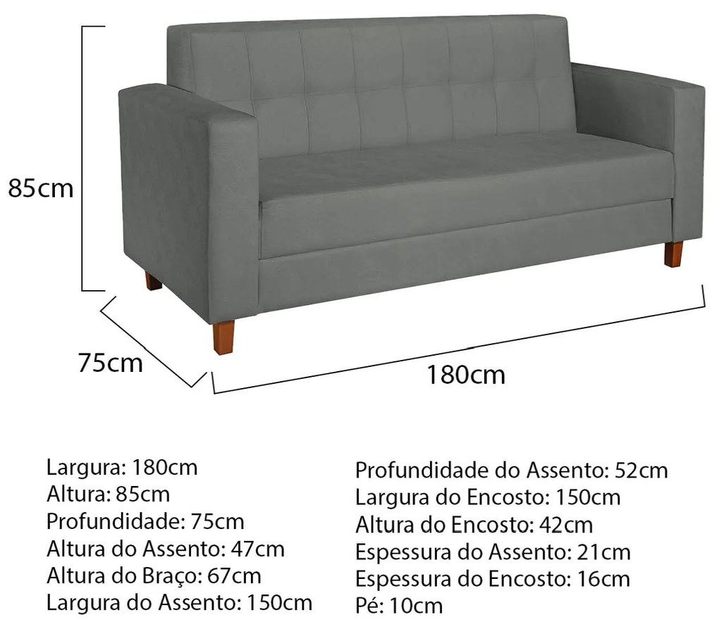 Kit Sofá 2 Lugares e Poltrona Denver Corano Cinza - ADJ Decor