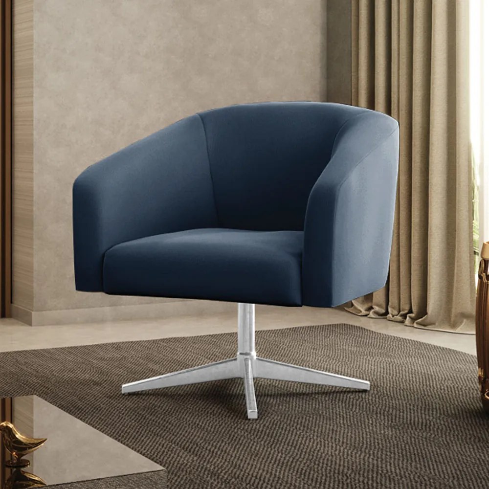 Poltrona Decorativa Giratória Cromada Stella Suede D03 - D'Rossi - Azul Marinho